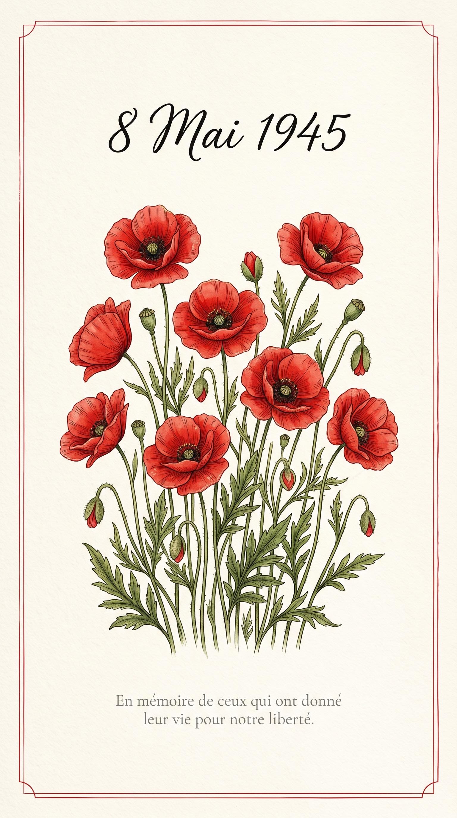Affiche botanique avec coquelicots pour le 8 mai, générée par IA