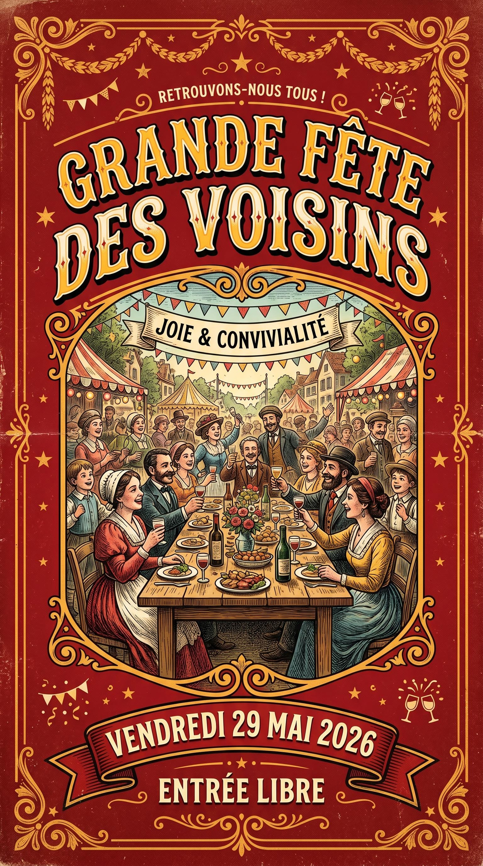 Affiche style fête foraine vintage pour la fête des voisins, générée par IA