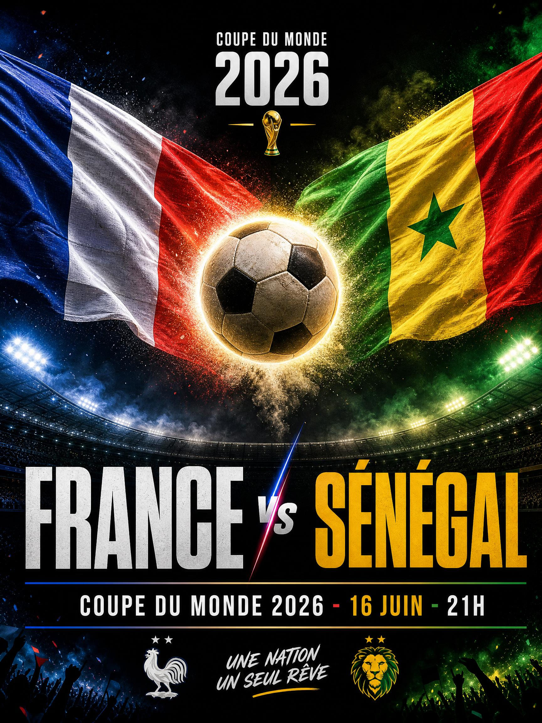 Affiche soirée de match France Sénégal Coupe du Monde 2026 créée par l'IA