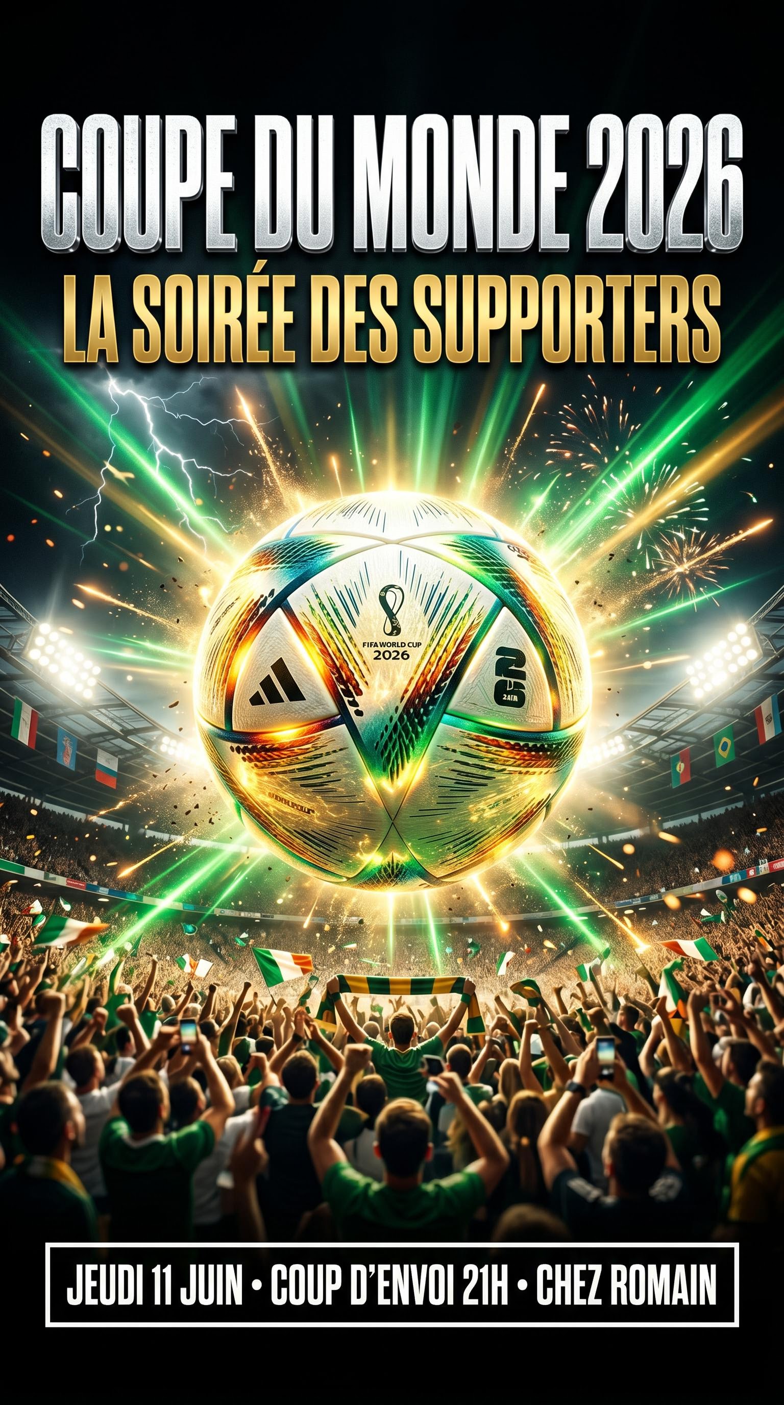 Affiche soirée supporters style cinéma pour la coupe du monde, générée par IA