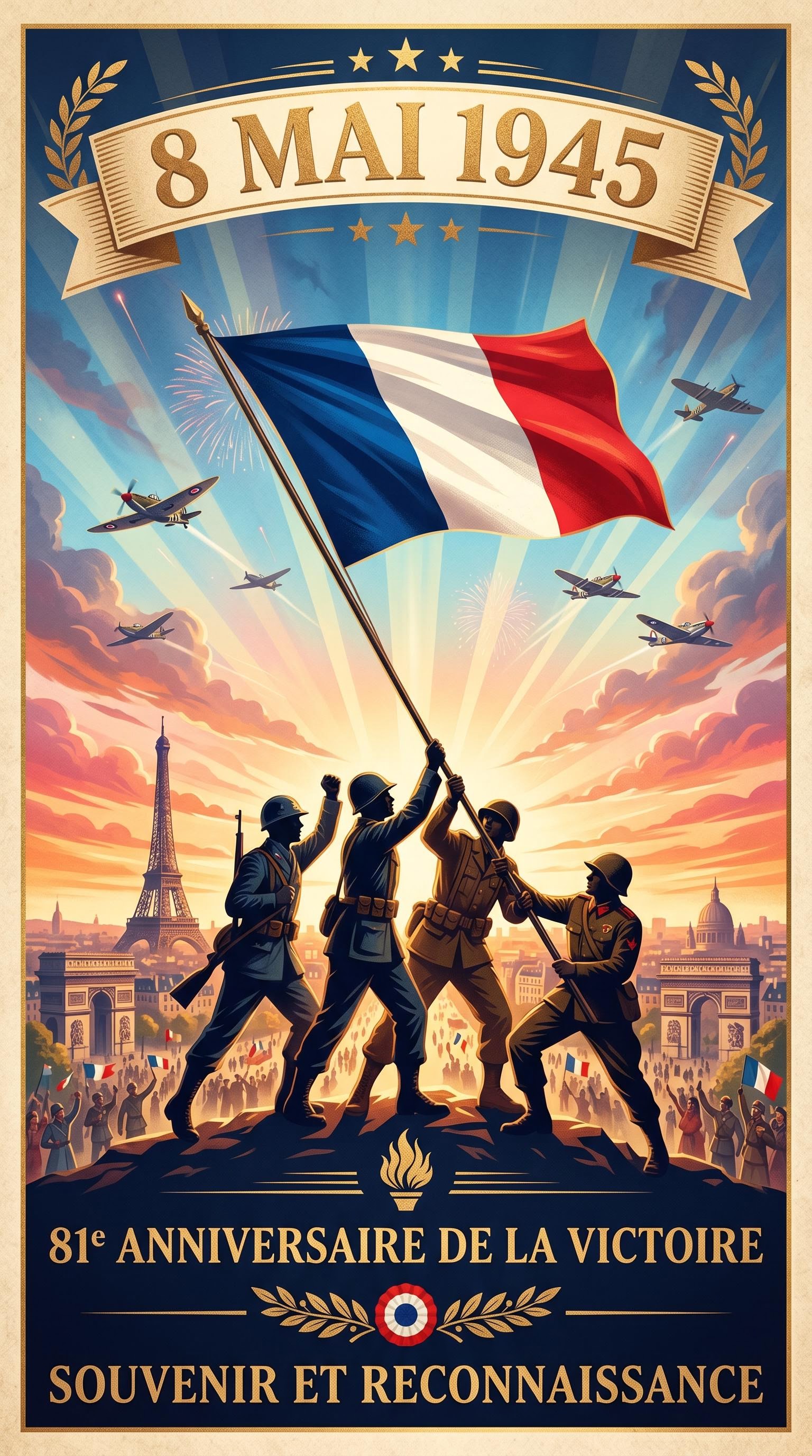 Affiche illustrée avec soldats et drapeau pour le 8 mai 1945, générée par IA