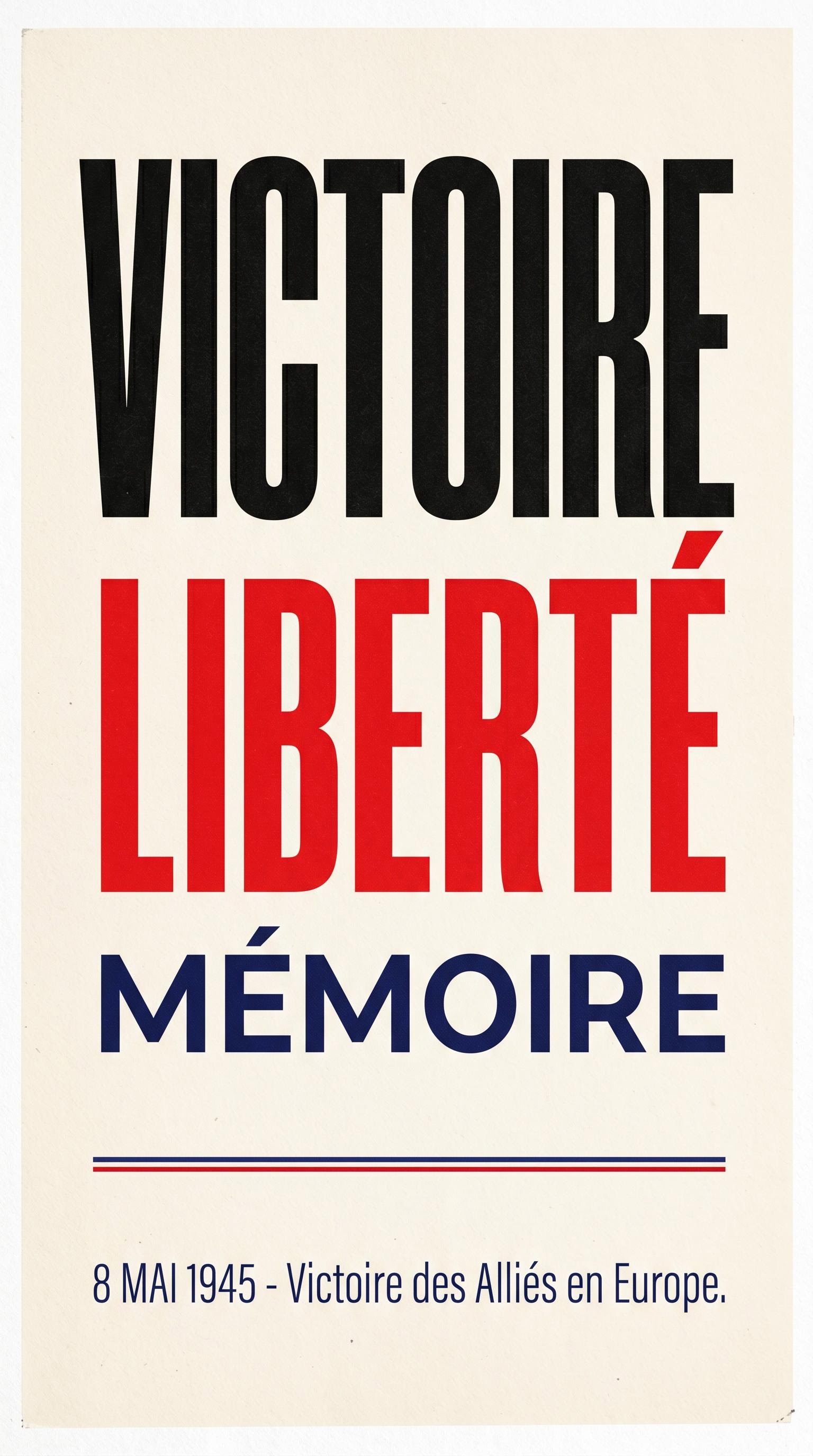 Affiche typographique forte pour le 8 mai 1945, générée par IA