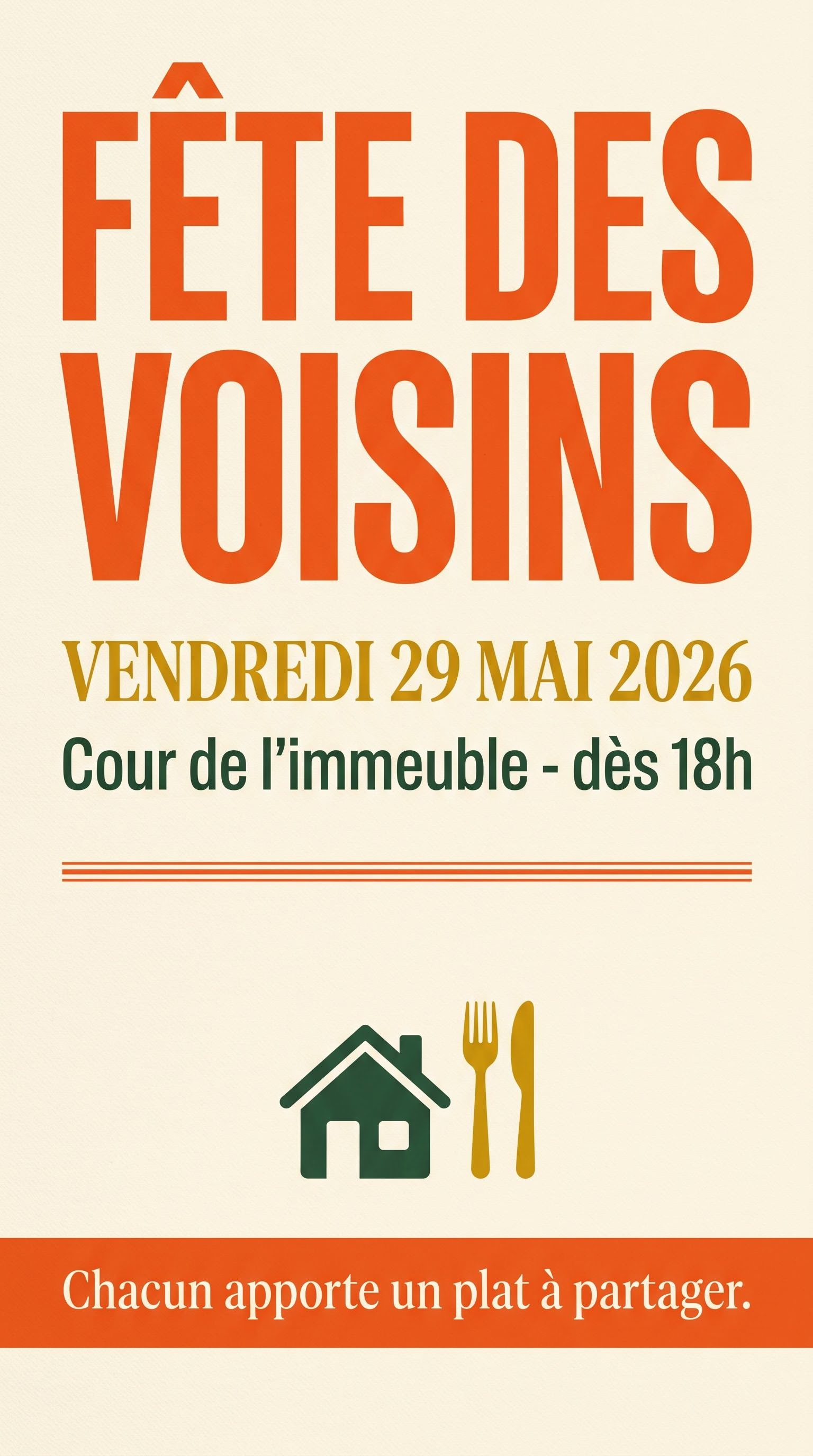Affiche typographique contemporaine pour la fête des voisins, générée par IA