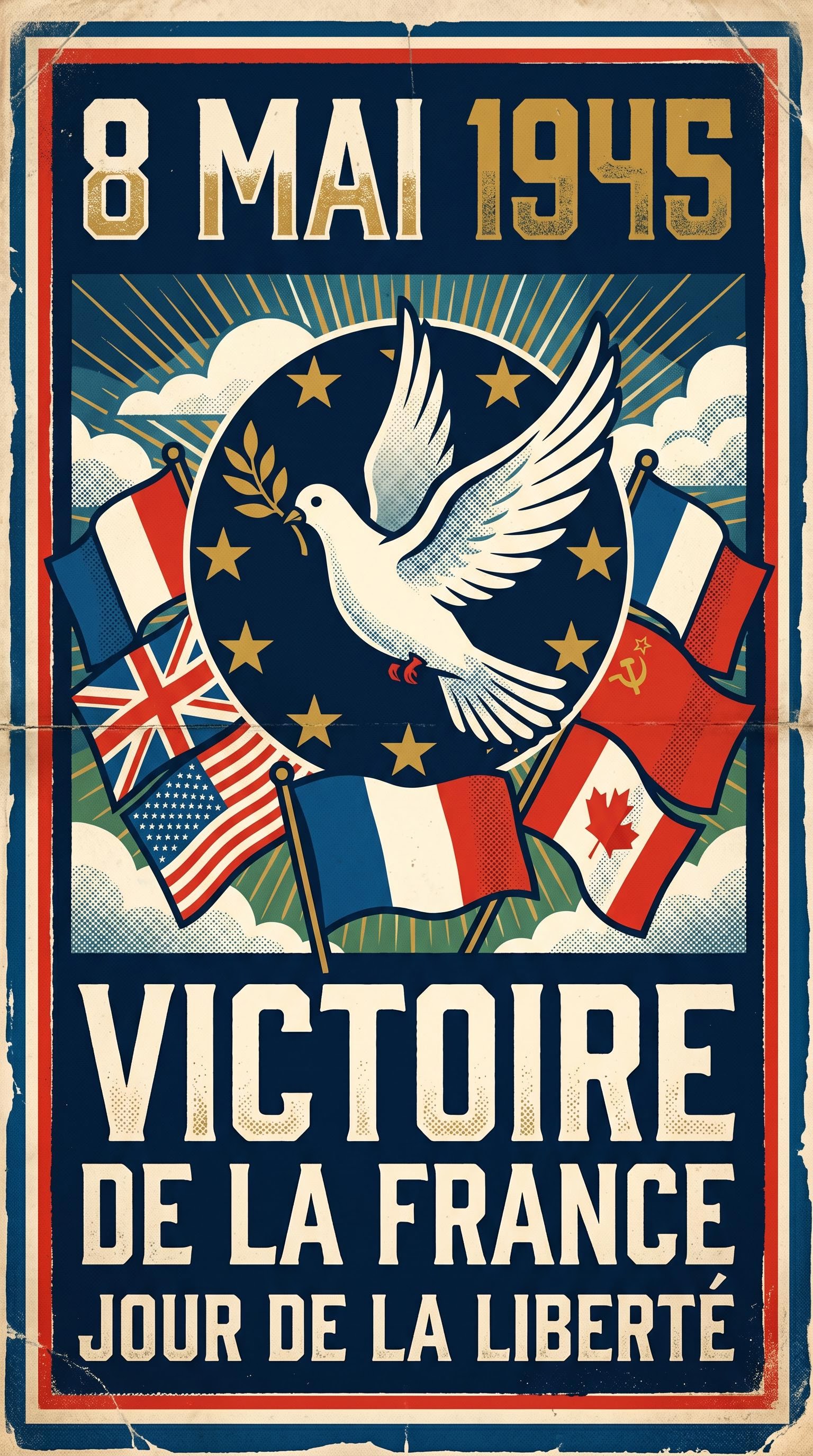 Affiche vintage patriotique pour le 8 mai 1945, générée par IA