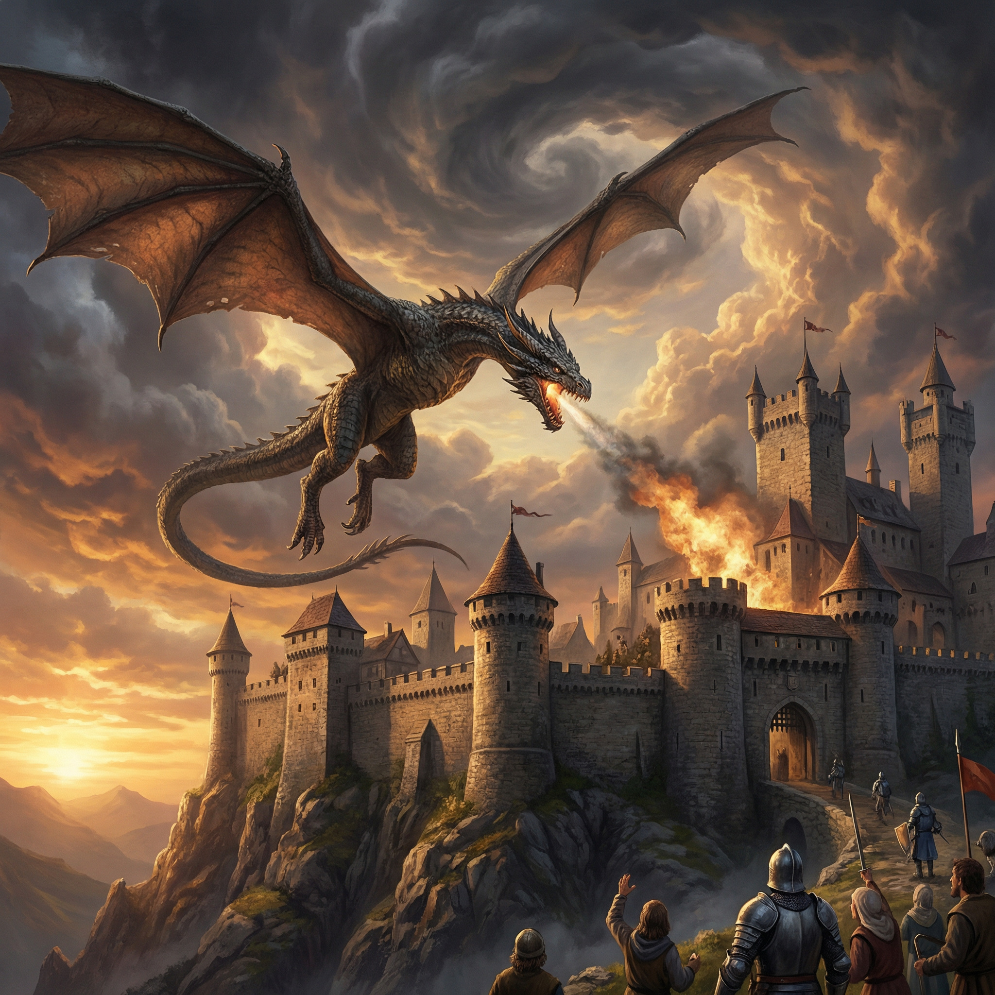 KI-Kunst Drache über dem Schloss