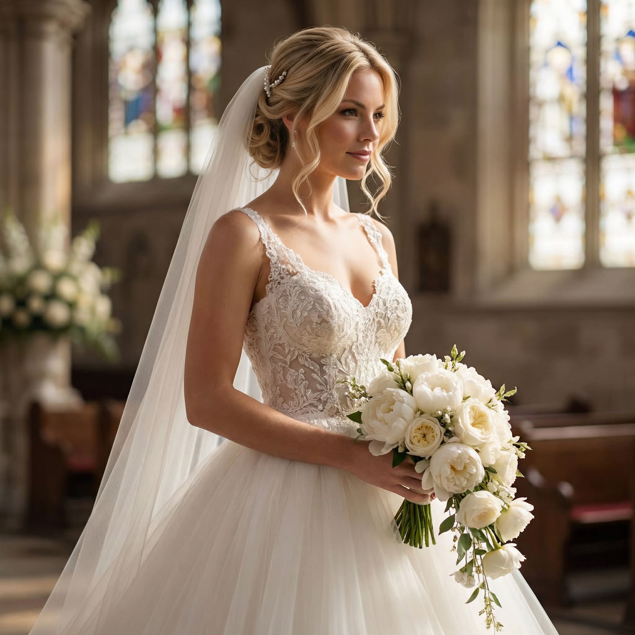 AI-generated classic white ballgown bridal portrait