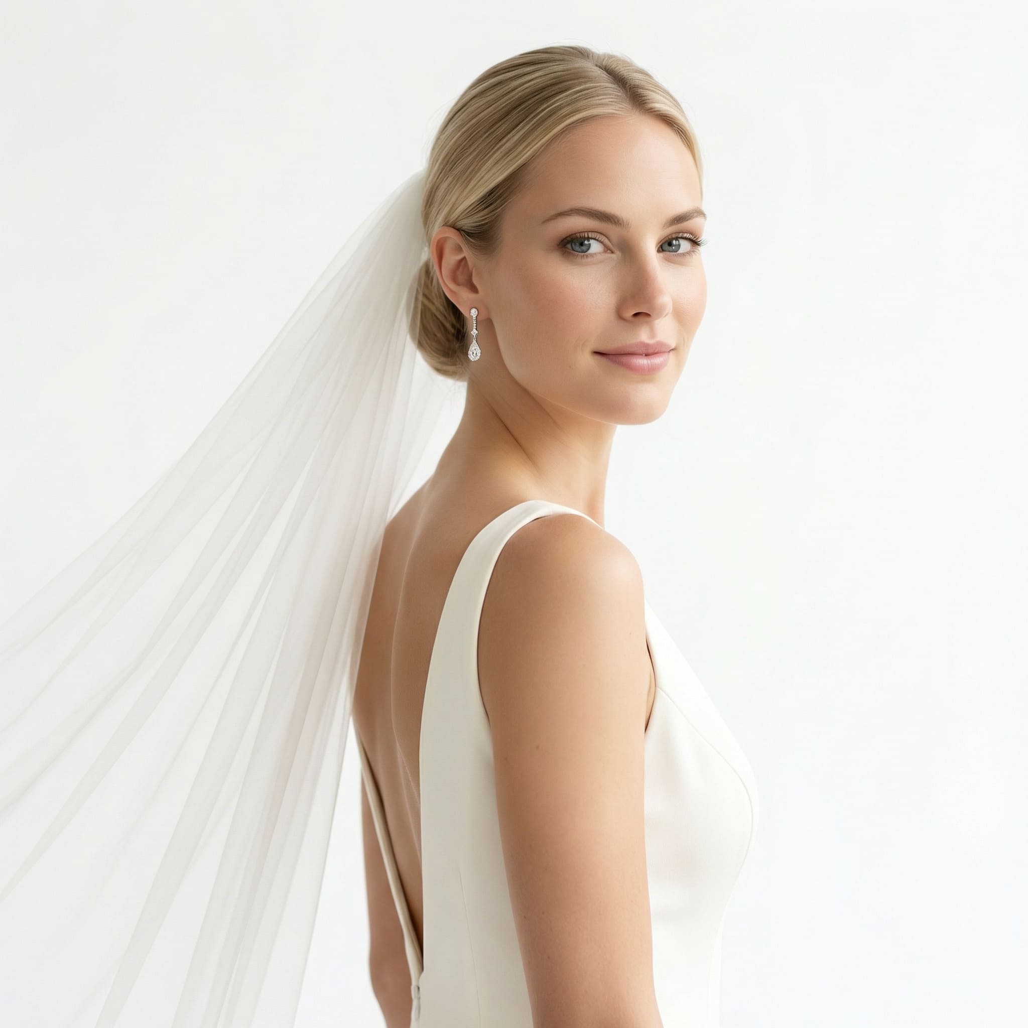 AI-generated fine art minimalist bridal portrait with dramatic veil