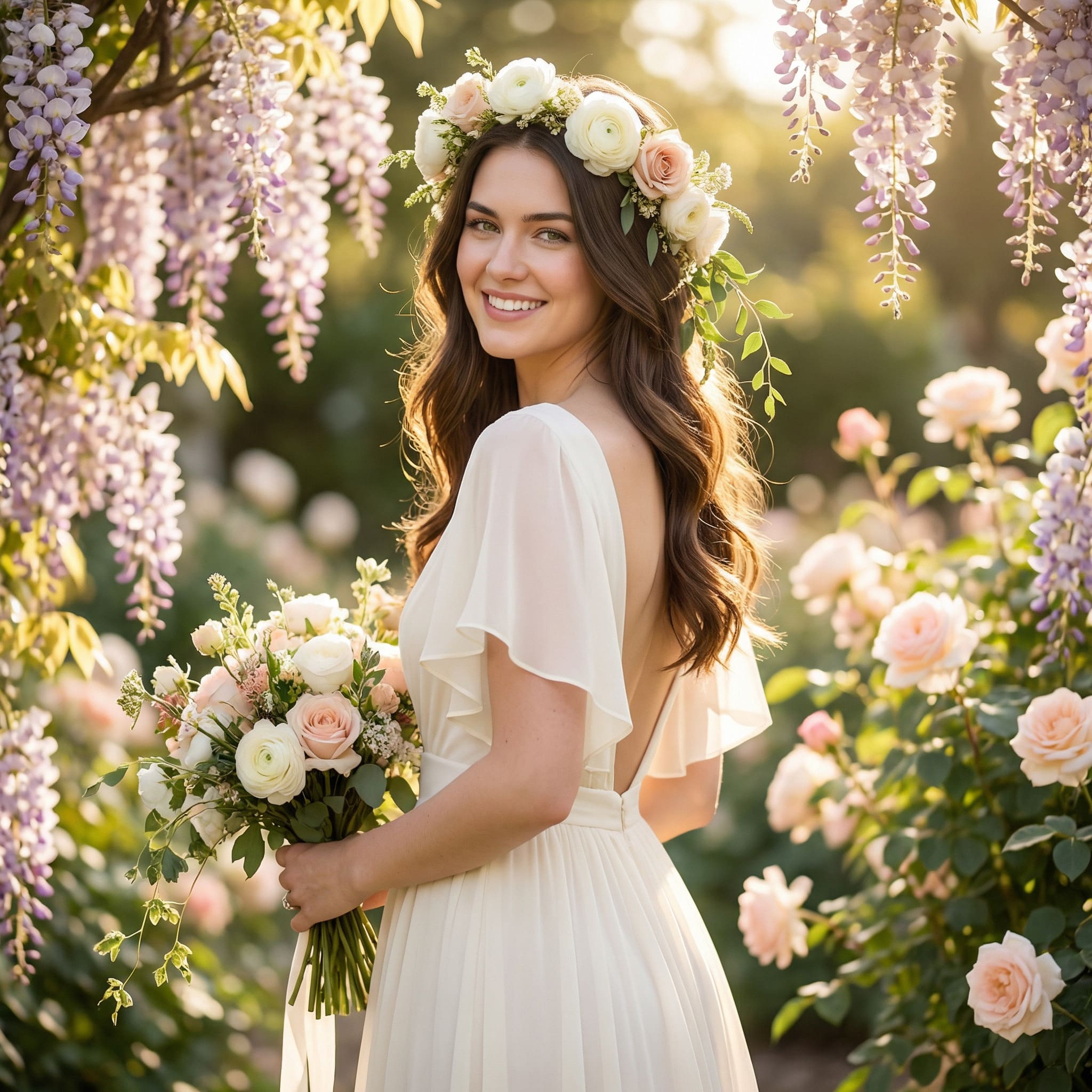 AI-generated outdoor garden bridal portrait with floral crown