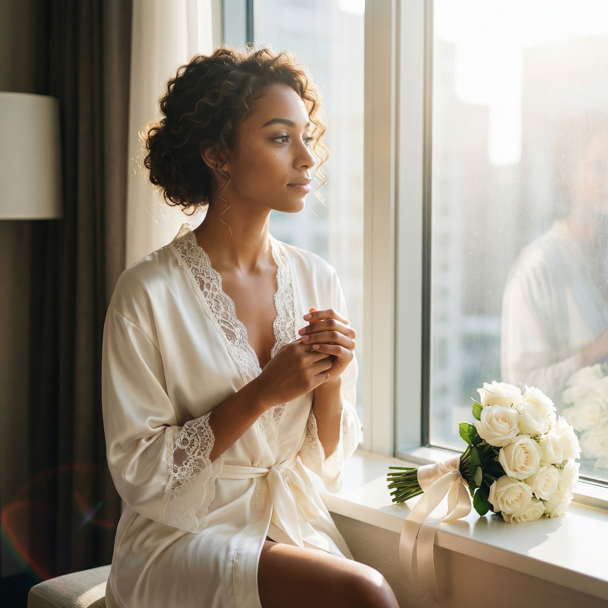 AI-generated luxury hotel bridal getting ready candid portrait