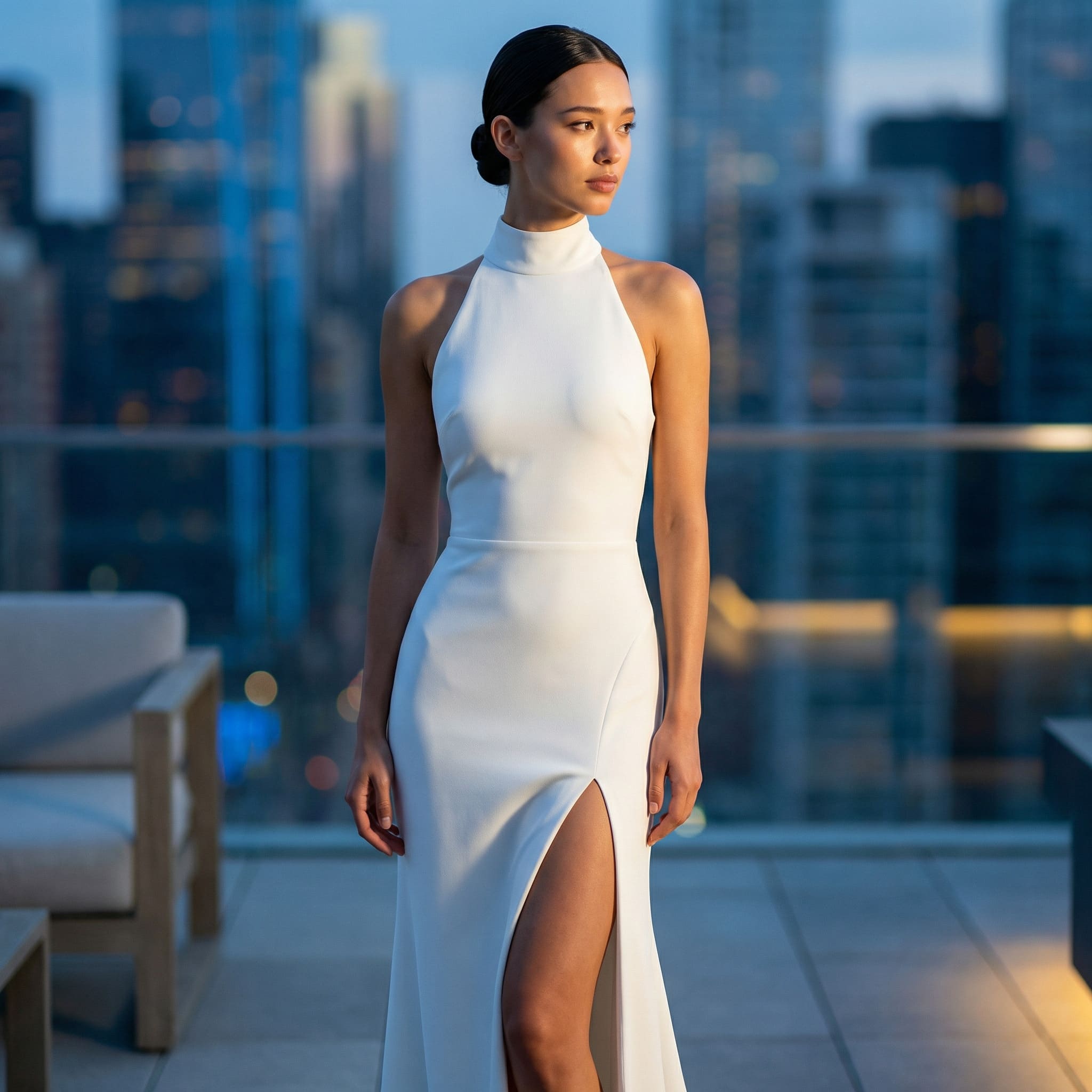 AI-generated modern editorial rooftop bridal portrait