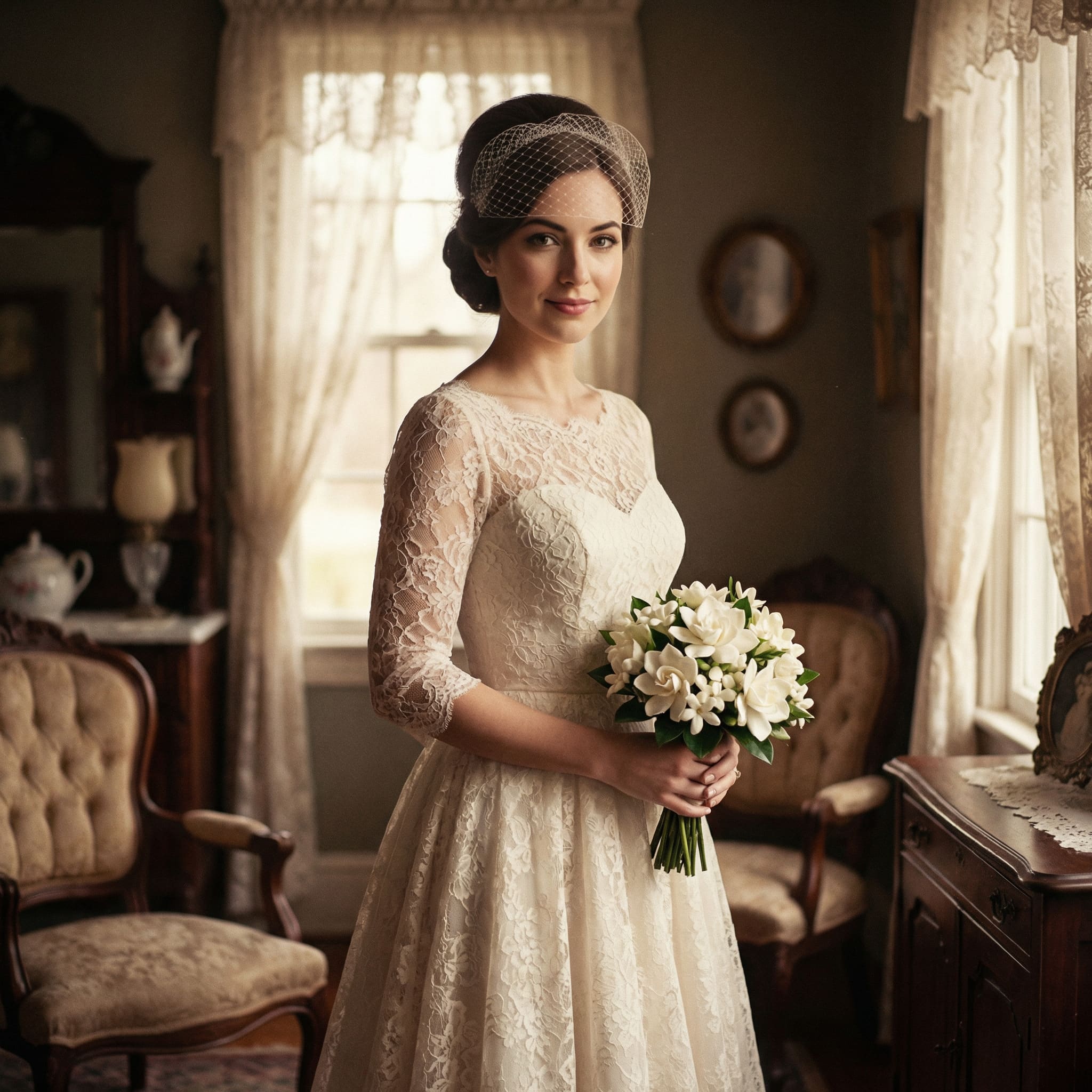 AI-generated vintage retro bridal portrait with film grain