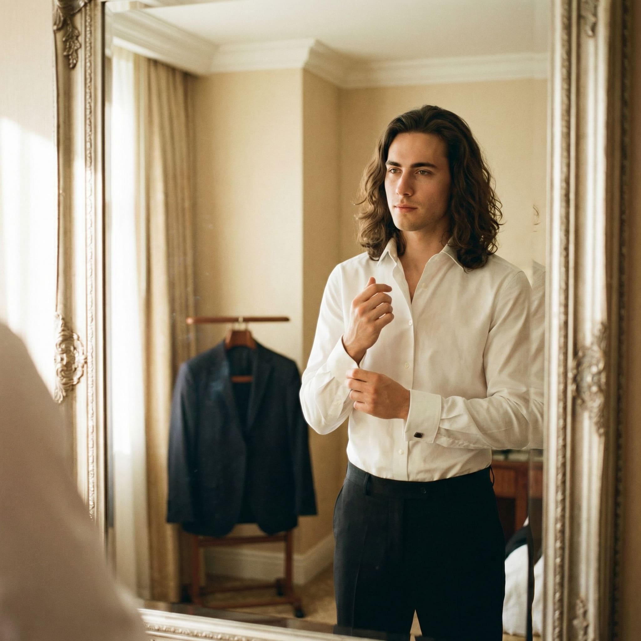 AI-generated behind the scenes groom getting ready candid wedding portrait