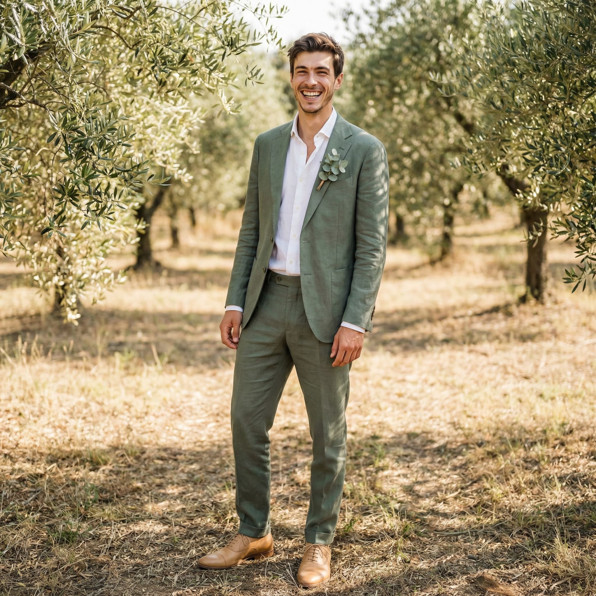 AI-generated relaxed linen suit groom portrait in natural outdoor light