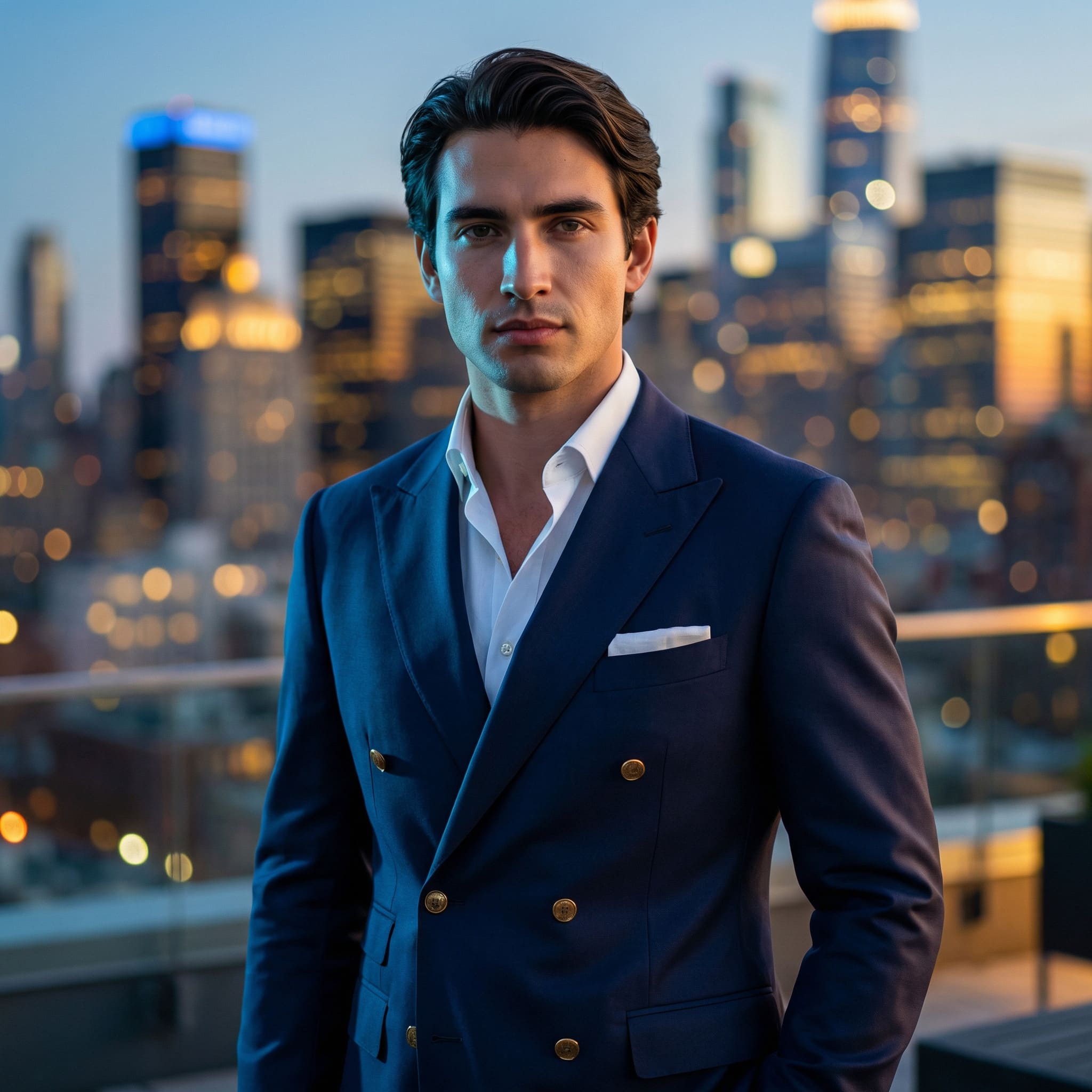 AI-generated modern editorial urban rooftop groom portrait