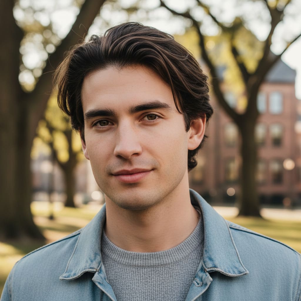 Original portrait used as face reference for AI urban rooftop groom editorial photo