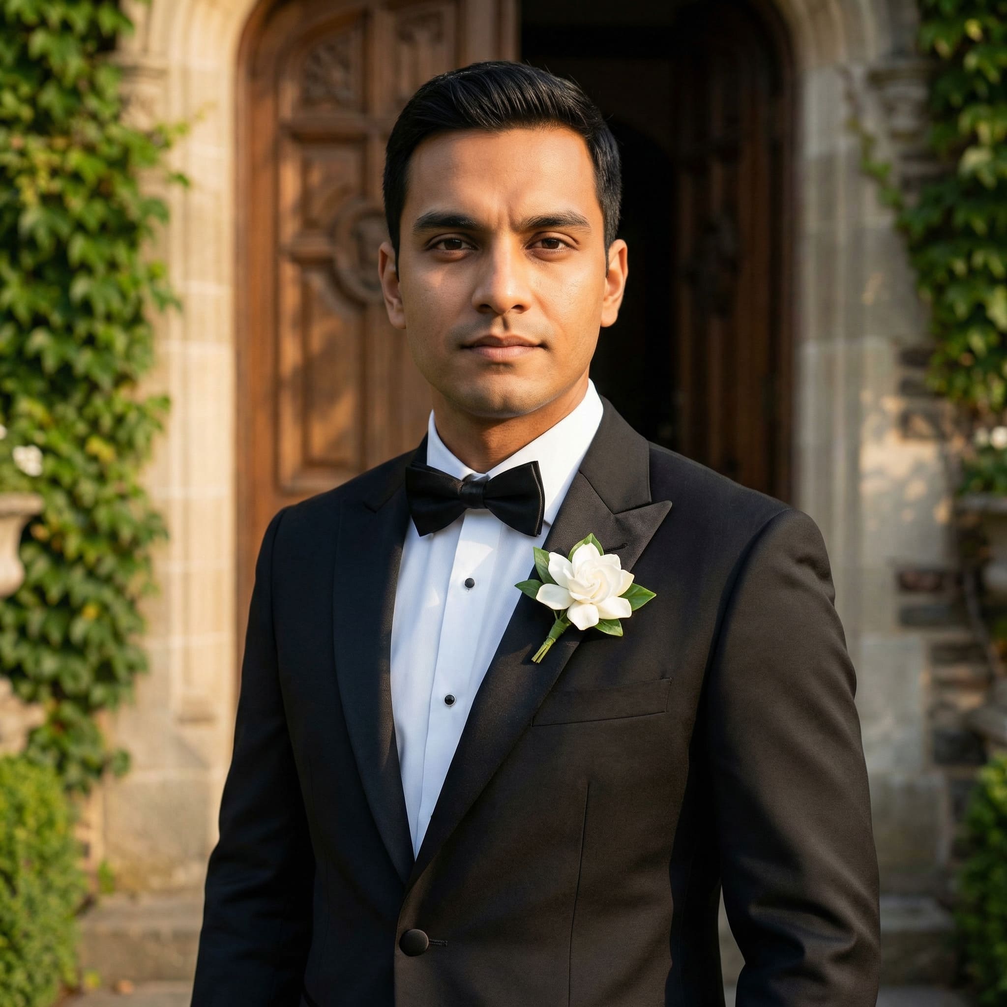 AI-generated classic black tuxedo groom portrait at luxury venue entrance