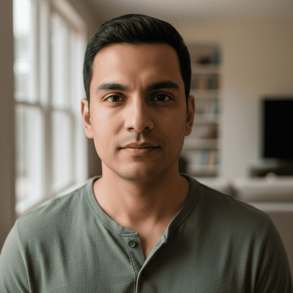 Original portrait used as face reference for AI classic groom tuxedo photo generation