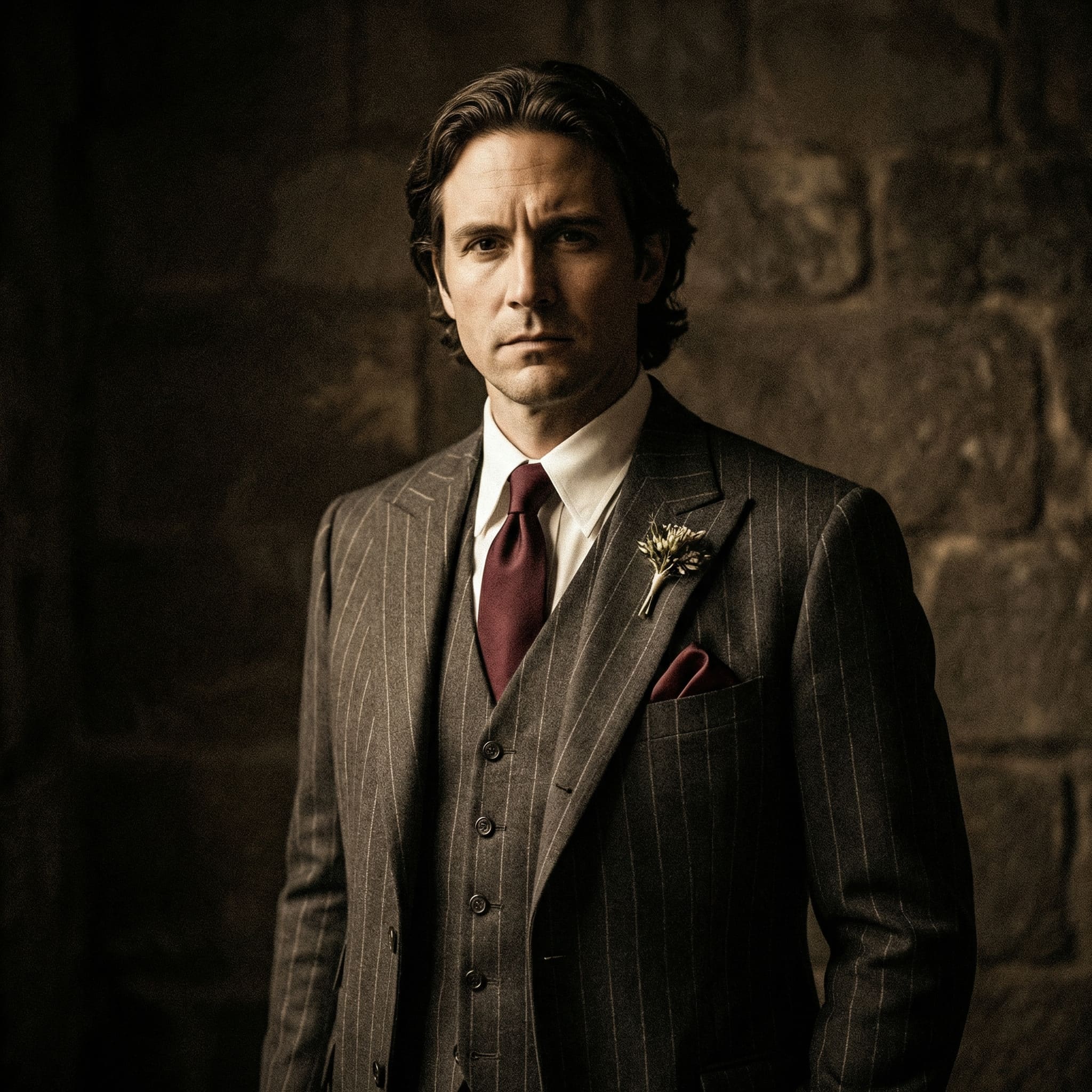AI-generated vintage suit moody dark background groom portrait