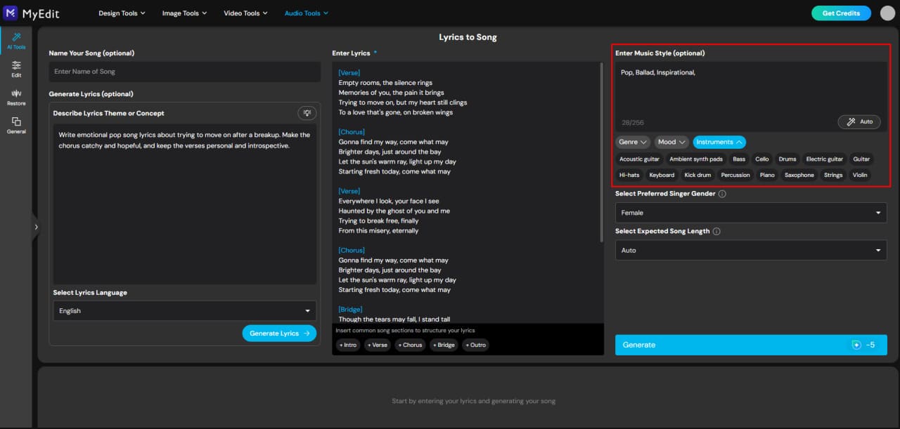 Select instruments, style, and mood for AI song
