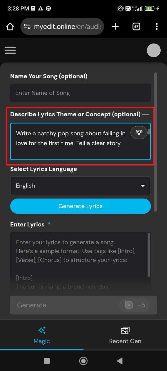 Create lyrics with an AI lyrics generator