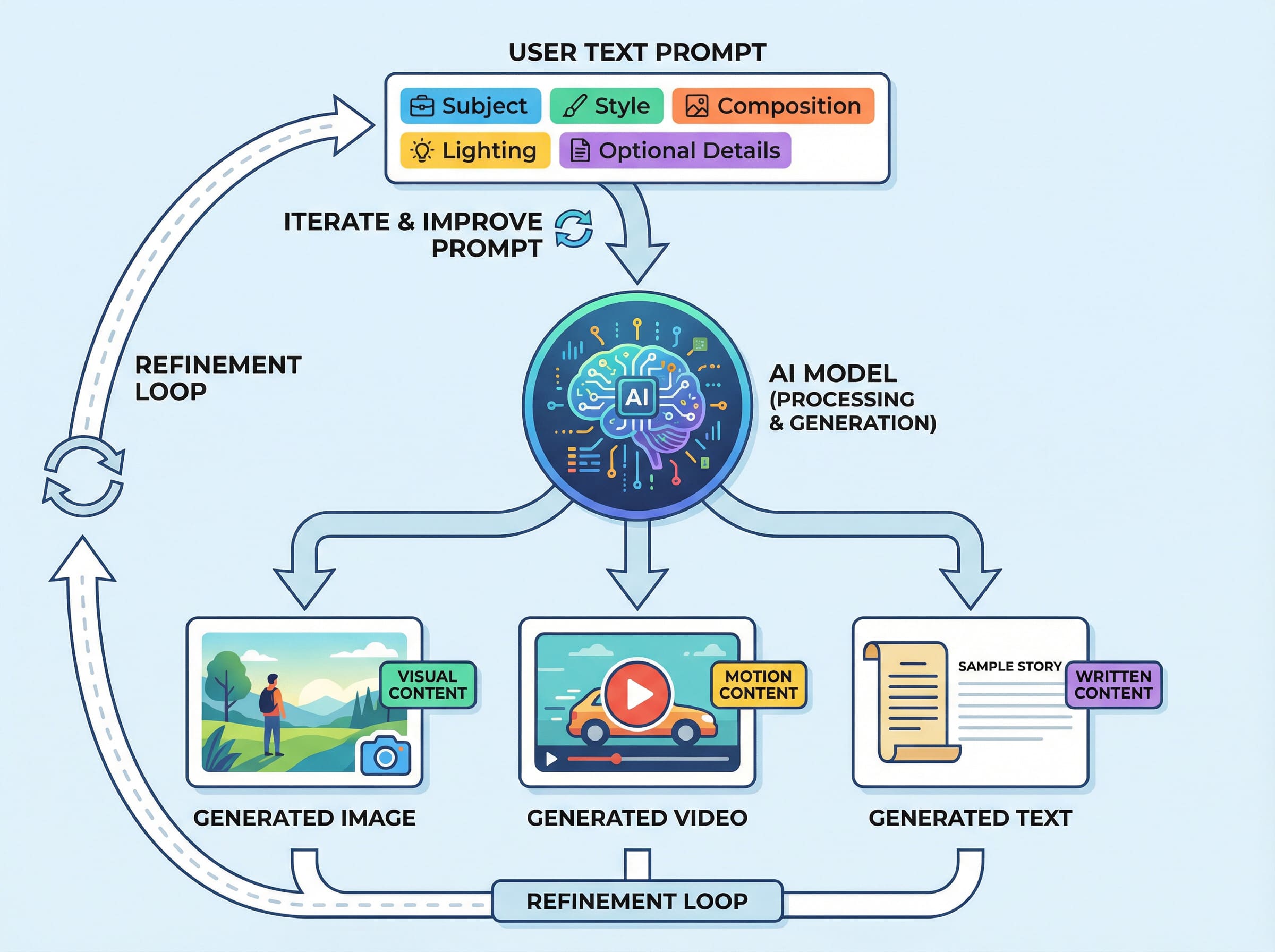 Diagram showing how AI prompts generate images, videos, and text outputs