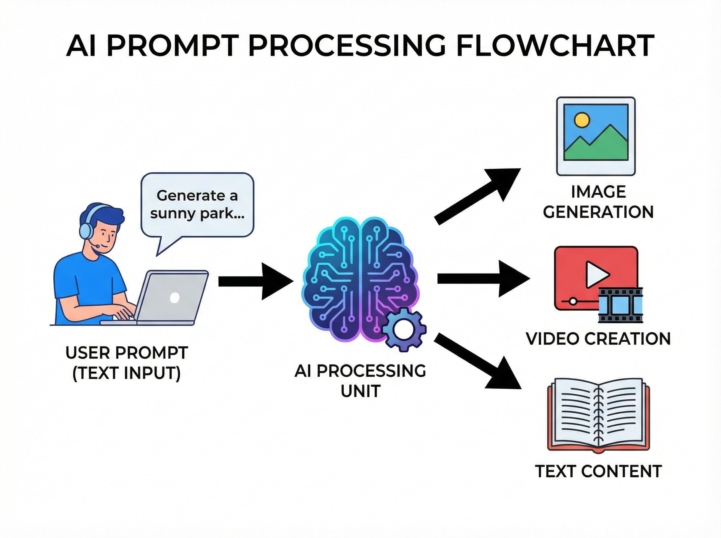 Diagram showing how AI prompts turn text into images, videos, and text outputs