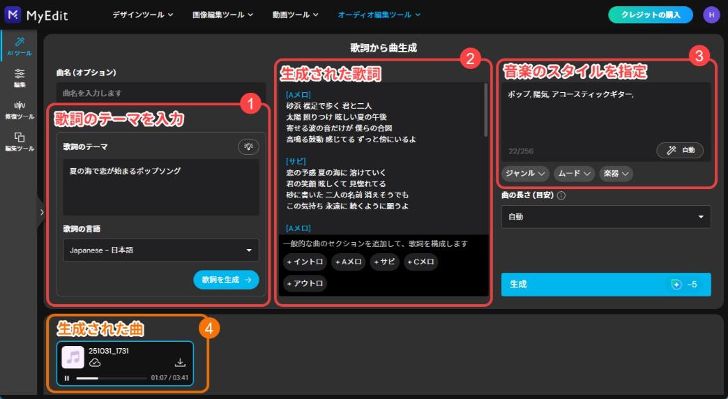 MyEditで AI 歌詞から曲生成する編集例