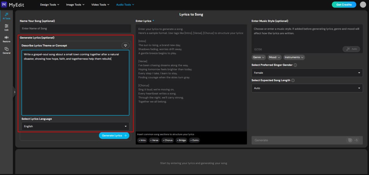 Create lyrics with AI song generator