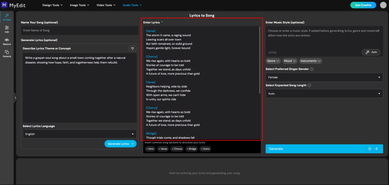 Generate AI lyrics and melody