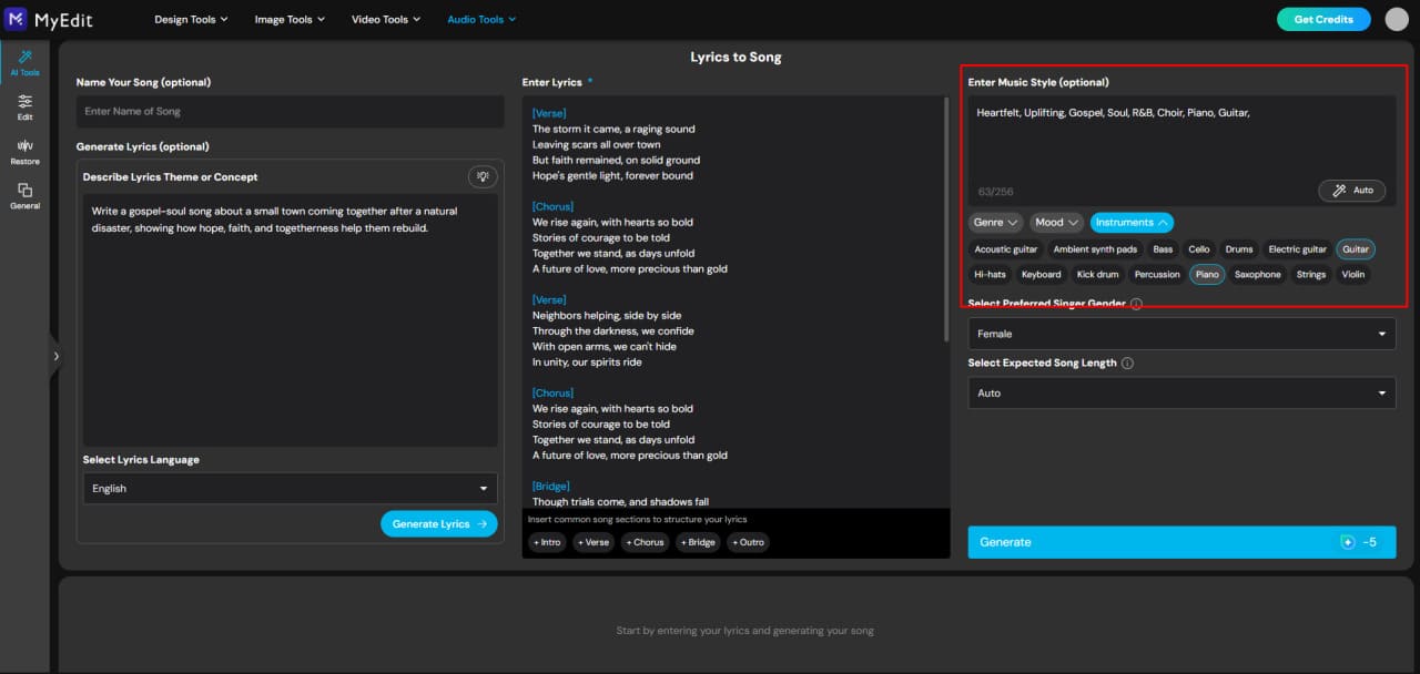 Customize instruments and vocals for AI song