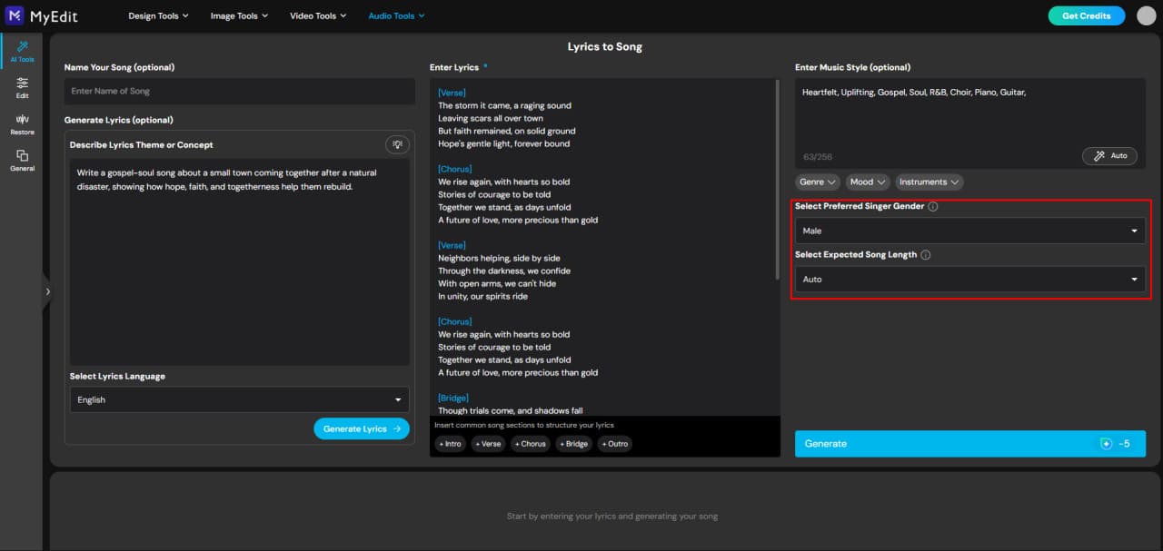 Set song length and select singer gender for AI song