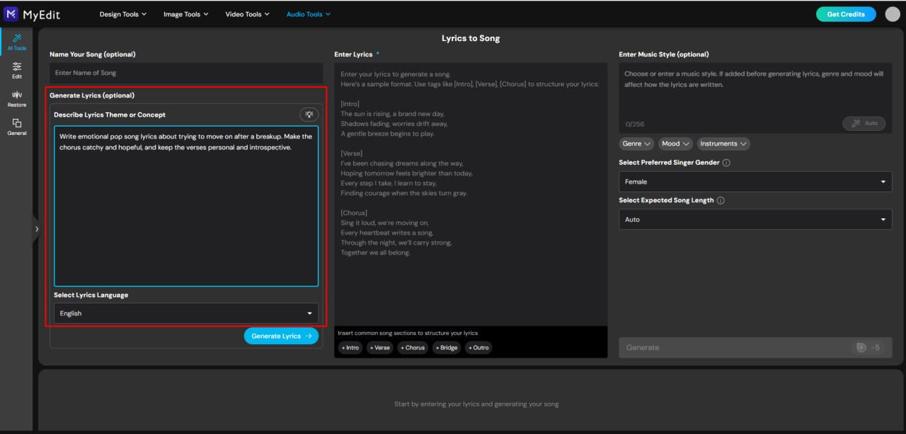 Create song lyrics with an AI lyrics generator