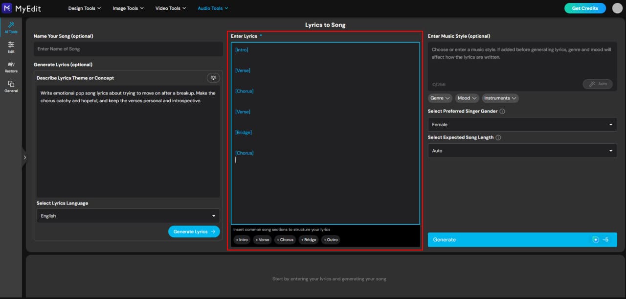 Generate structured song lyrics with AI