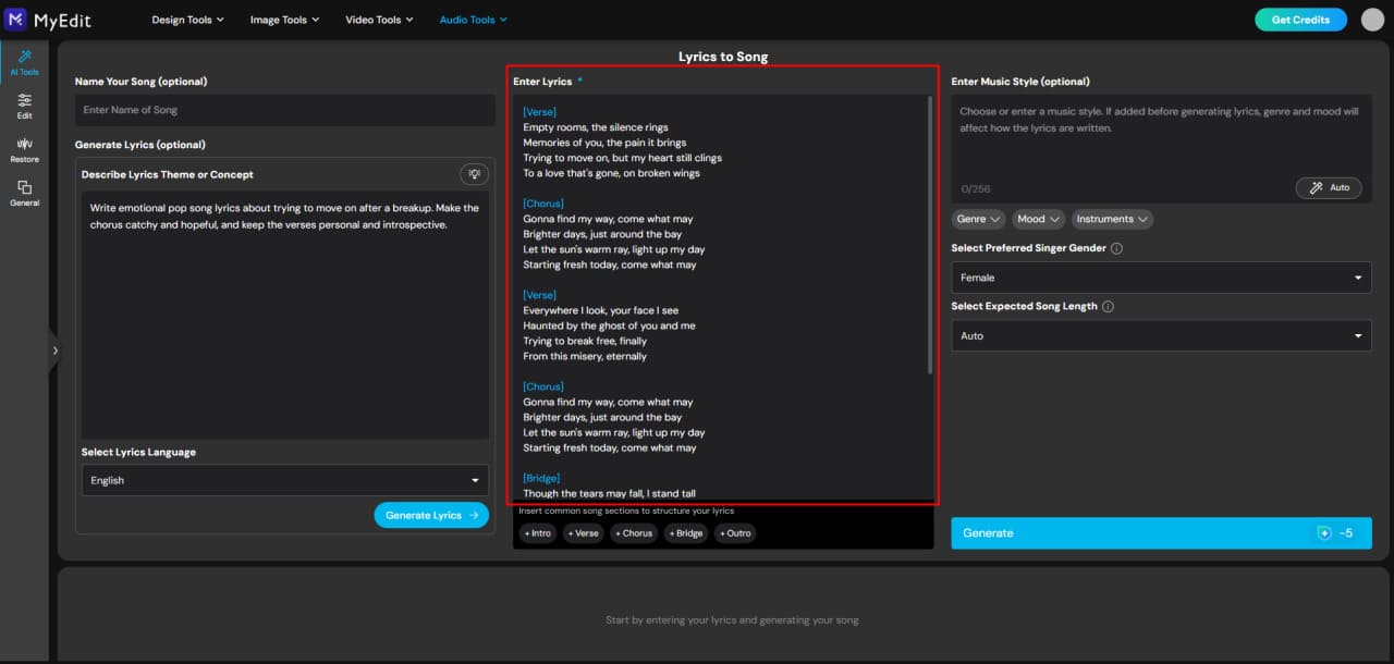 Edit and improve your lyrics with an AI lyrics tool