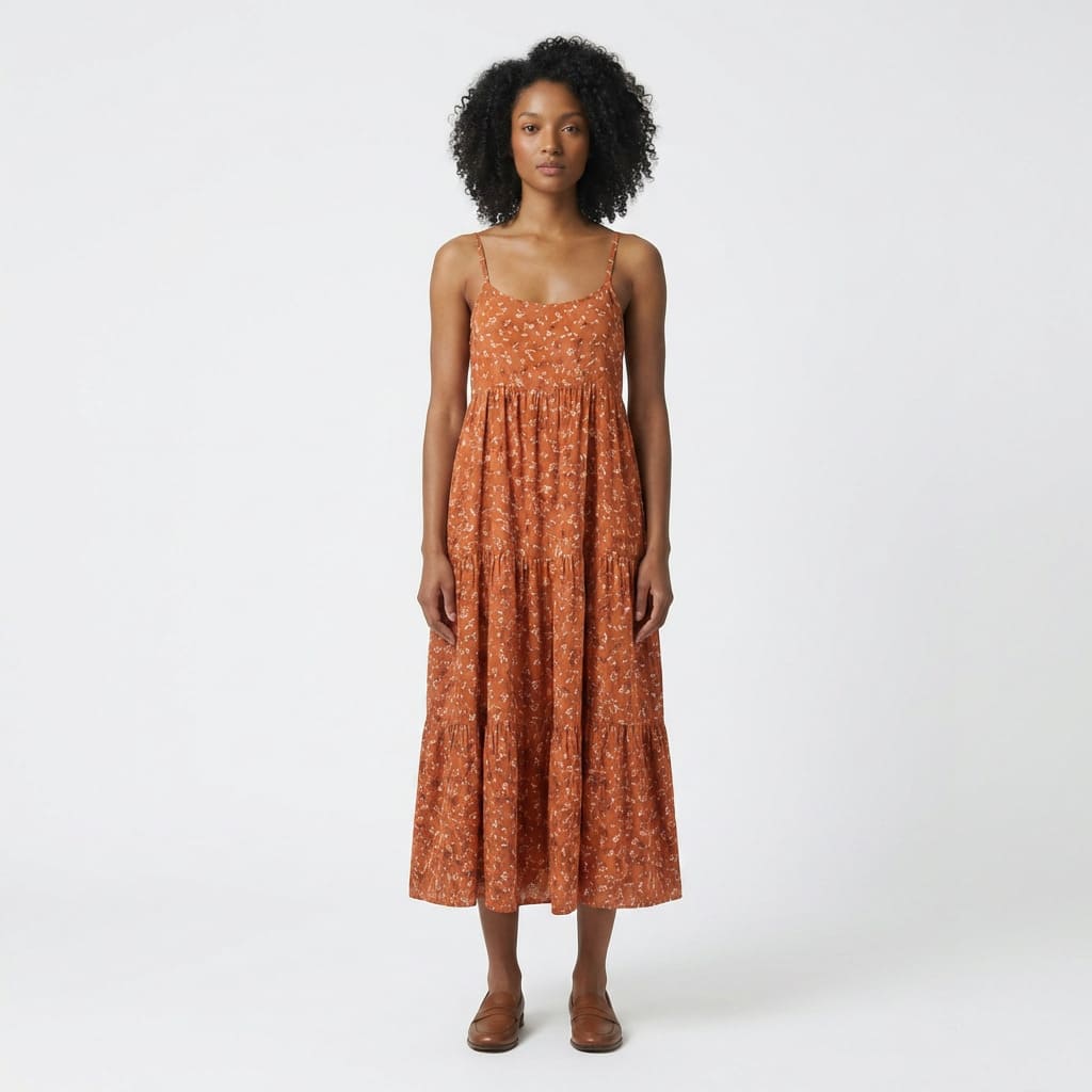 On-model product photo of a summer dress generated with MyEdit AI Try-On