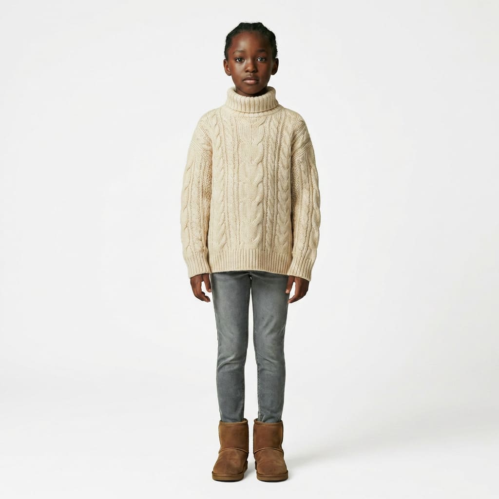 On-model photo of a knit sweater generated by MyEdit AI Try-On