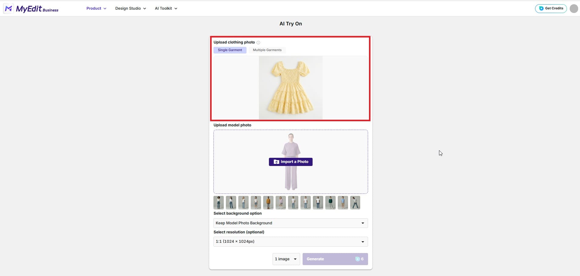 Uploading multiple product garment photos to MyEdit AI Try-On for batch processing