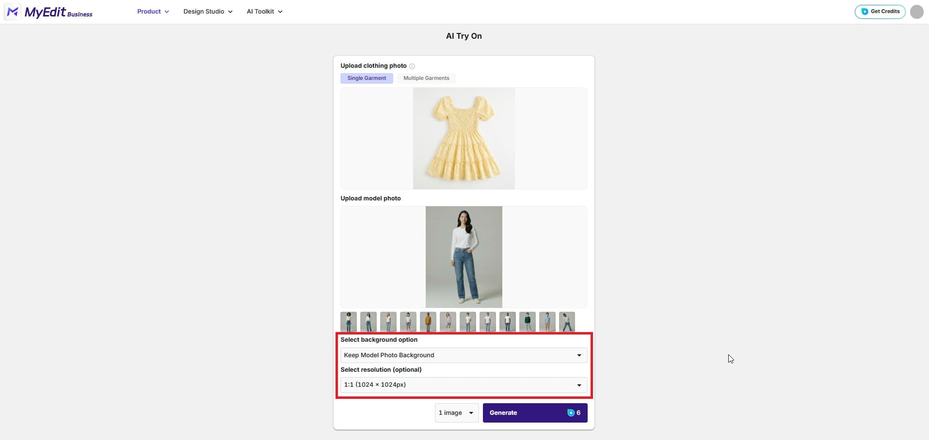 Selecting an AI model or importing a custom photo in MyEdit for virtual clothing try-on