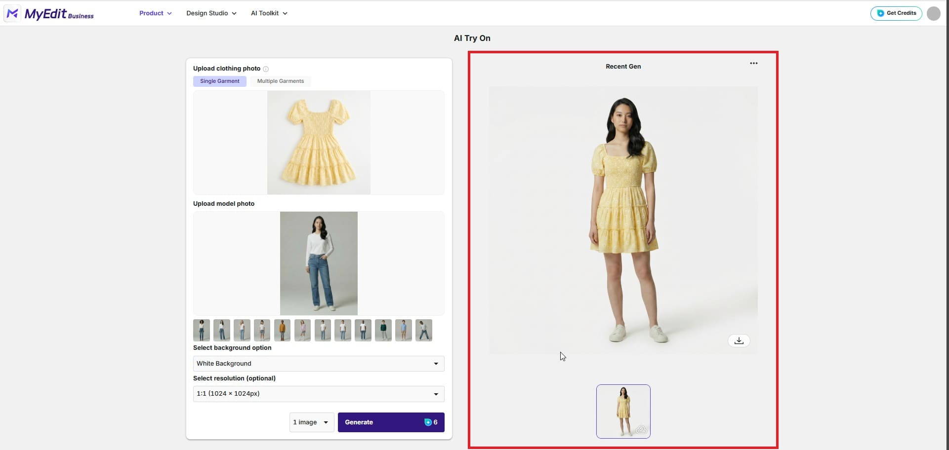 Previewing the AI Try-On result in MyEdit showing clothing on a model
