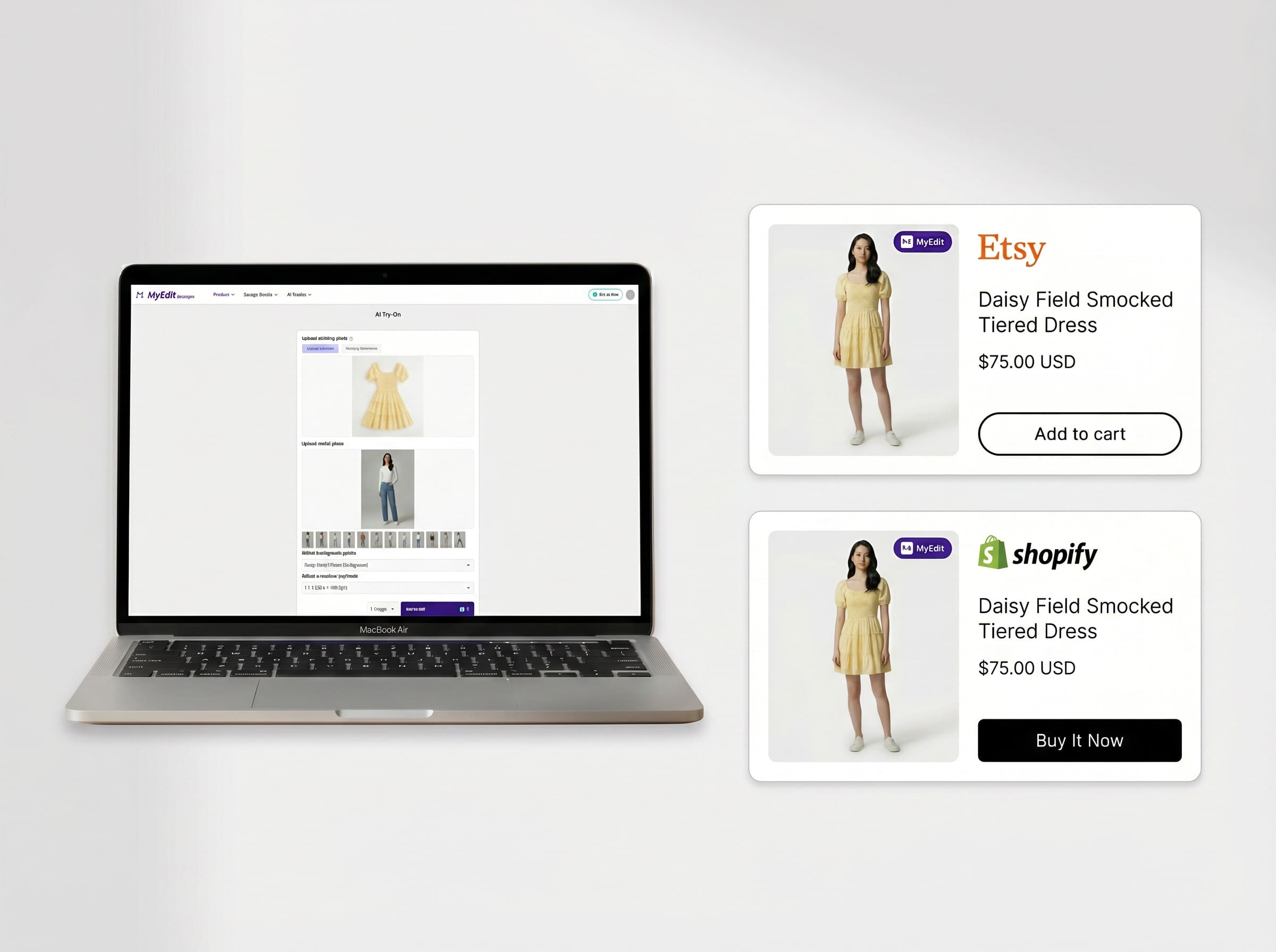 MyEdit AI Try-On interface showing on-model clothing generation for ecommerce sellers