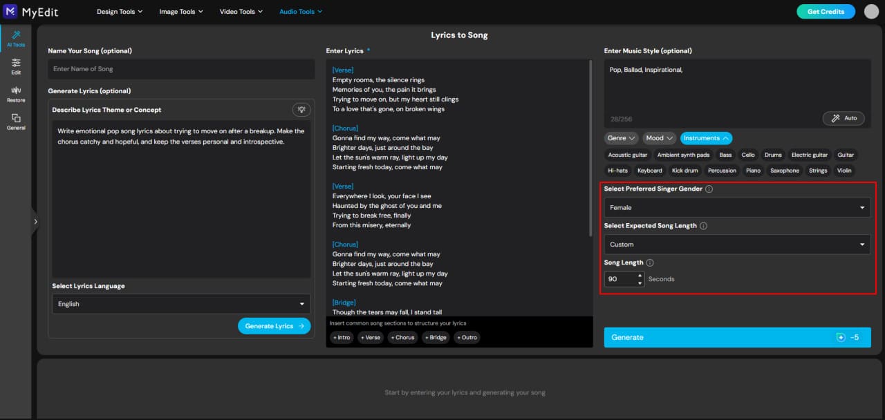 Set song length and vocal style with AI