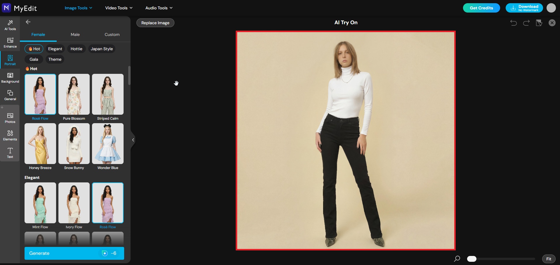 Upload portrait photo to try on wedding dress with AI on MyEdit