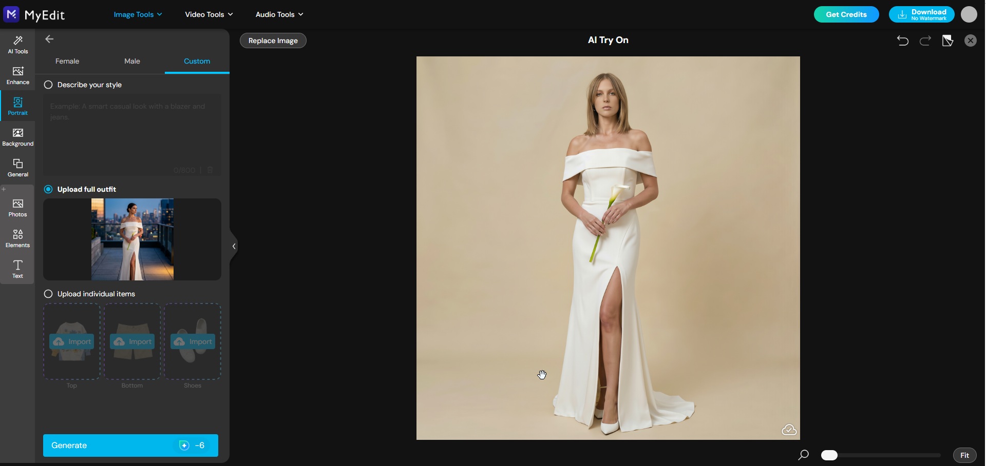 AI-generated virtual wedding dress try-on result on MyEdit