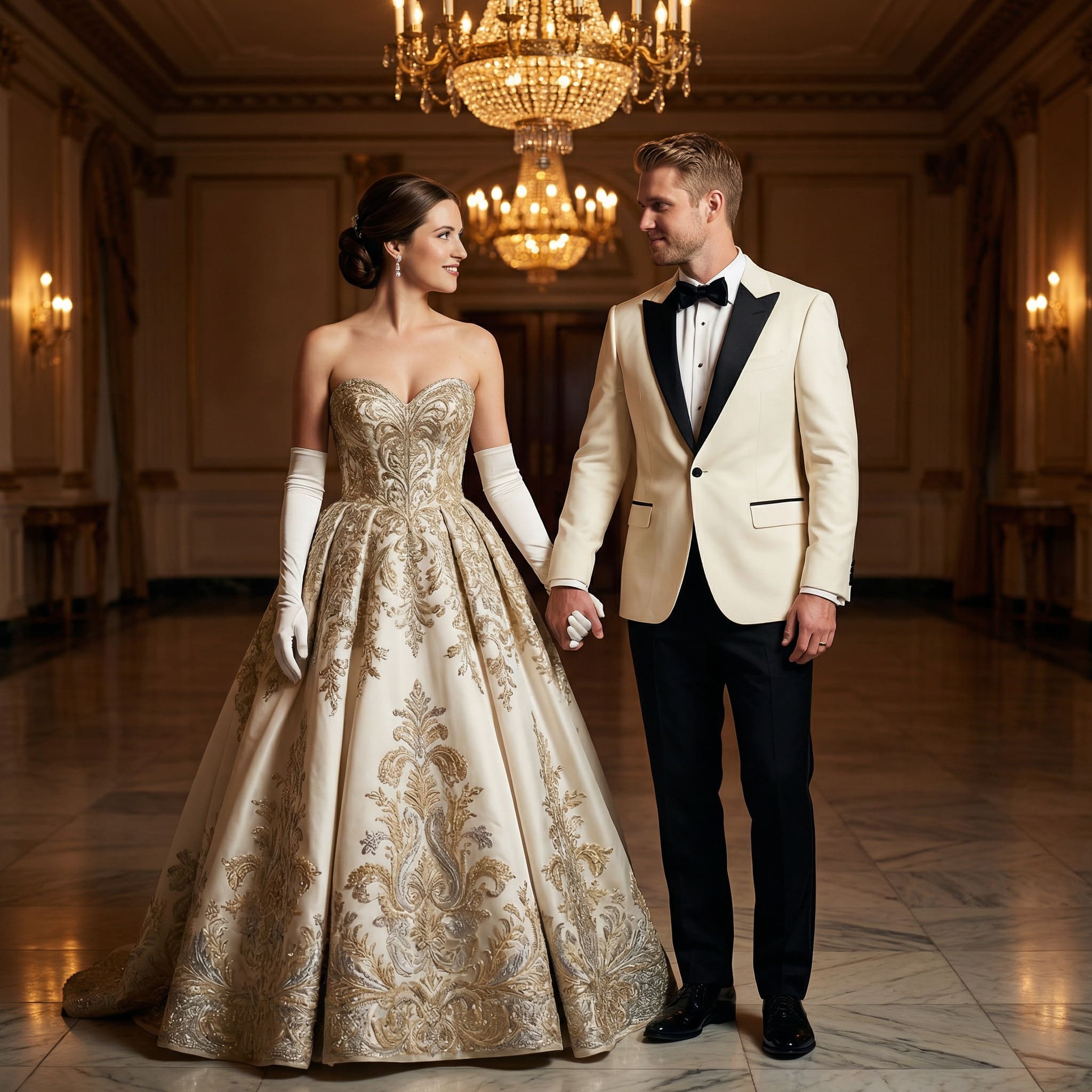 AI-generated luxury ballroom editorial couple wedding portrait