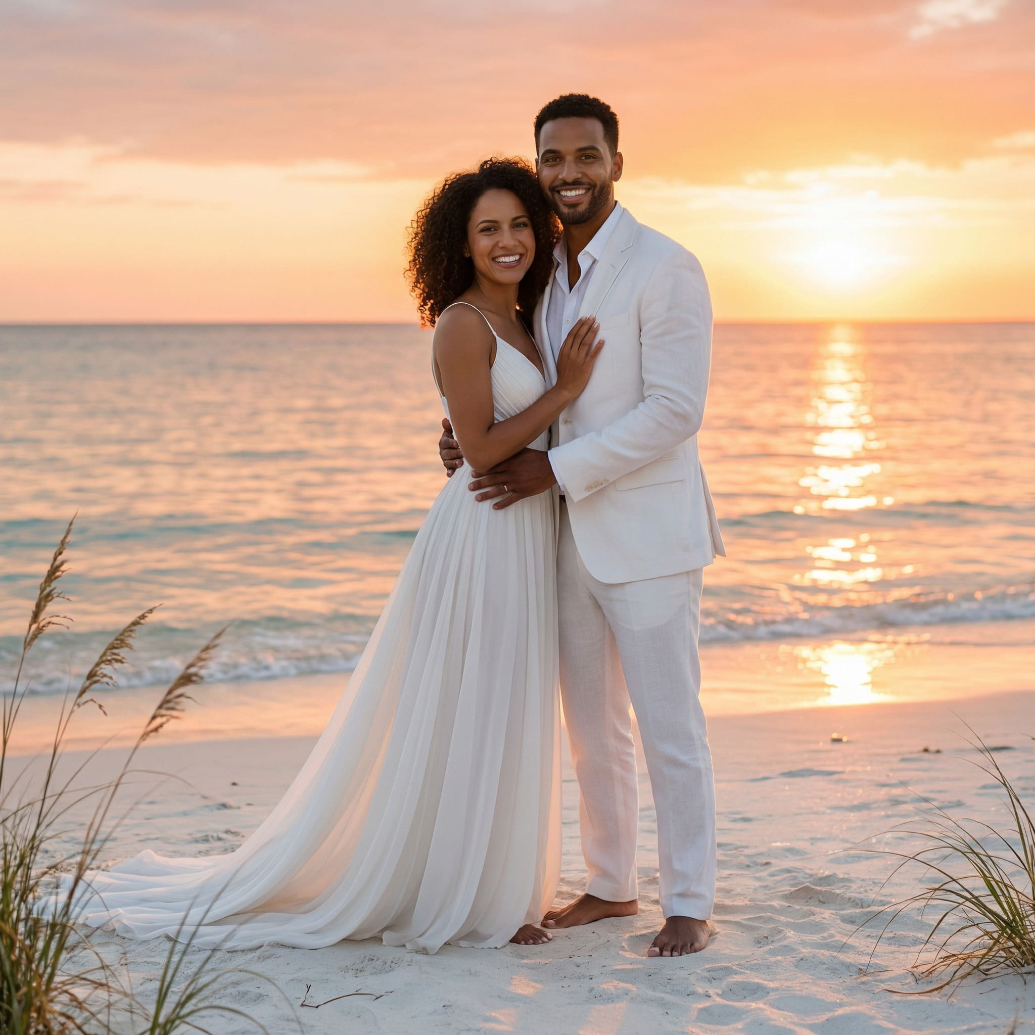 AI-generated couple wedding portrait at beach sunset