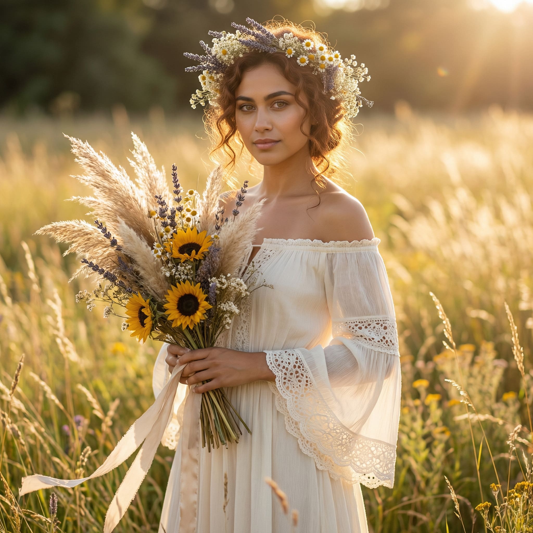 AI-generated western boho bride portrait in outdoor meadow