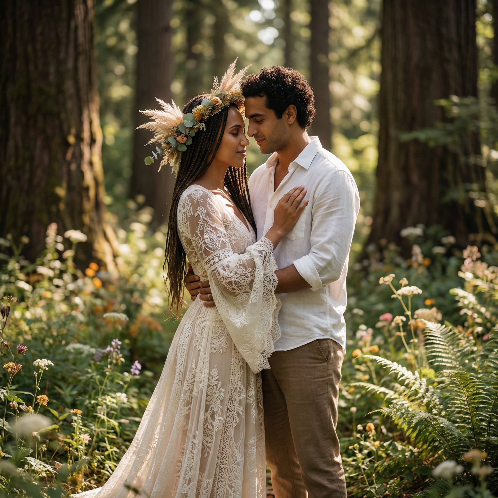AI-generated bohemian forest elopement wedding portrait