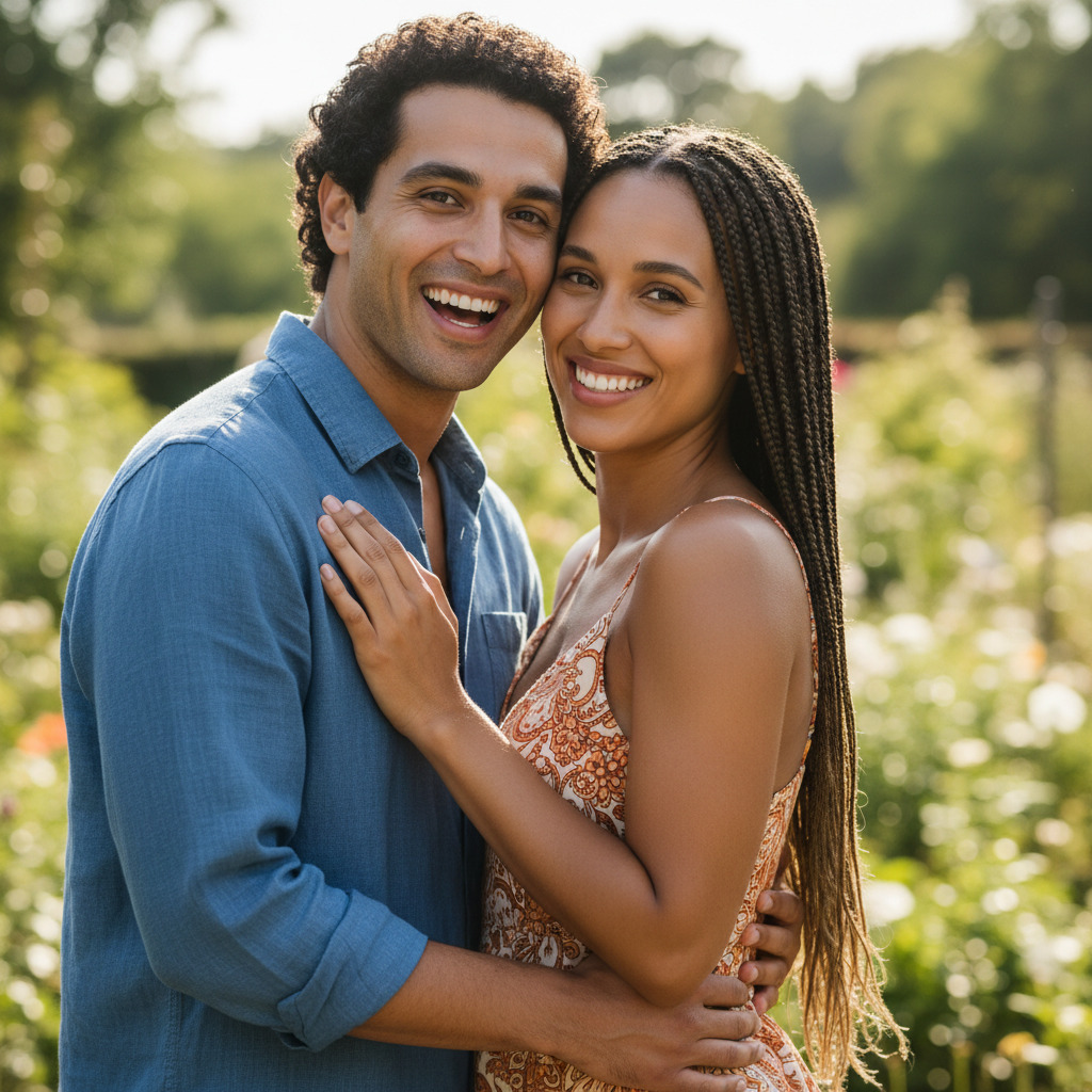 Original couple photo used as face reference for AI bohemian forest elopement portrait