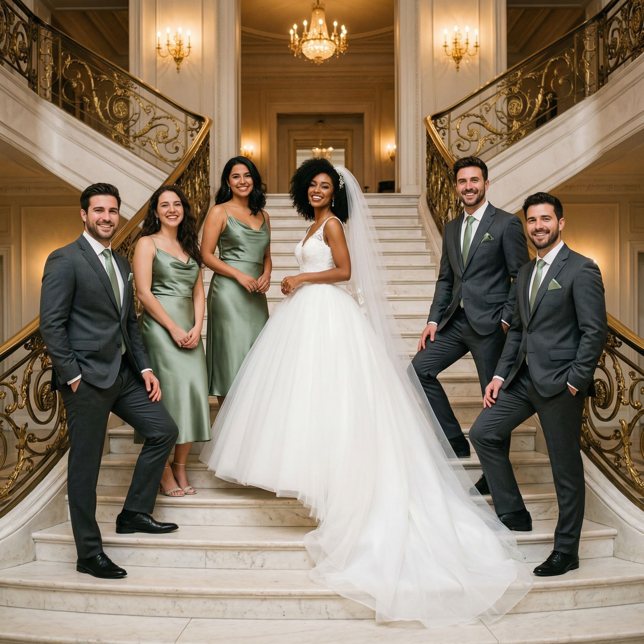AI-generated full bridal party portrait on luxury venue staircase