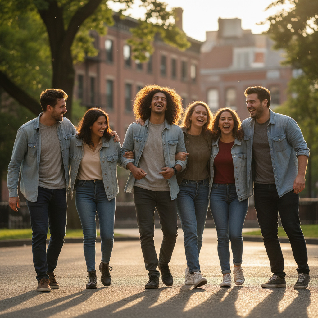 Original group photo used as composition reference for AI bridal party staircase portrait
